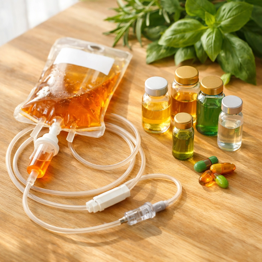 IV nutrient therapy setup with supplements for Long COVID mitochondrial support treatment