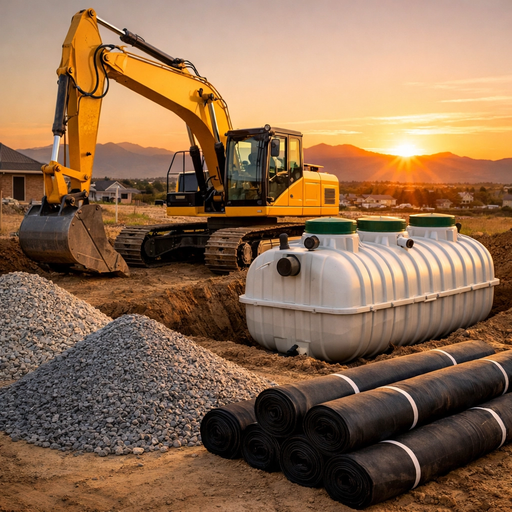Excavator and equipment on a Jefferson County residential construction site for a new septic system installation.