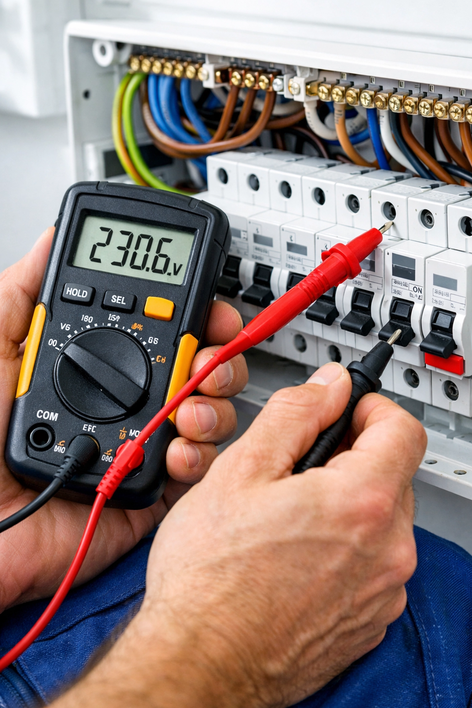Professional electrician Dorset testing a circuit breaker during an EICR inspection for safety compliance.