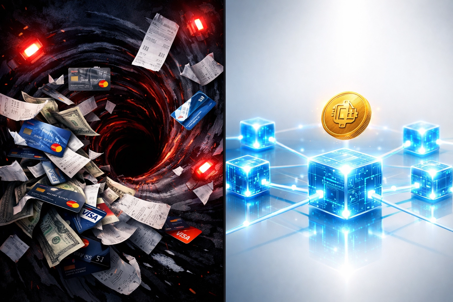 Traditional payment systems versus blockchain receivables token showing elimination of intermediaries