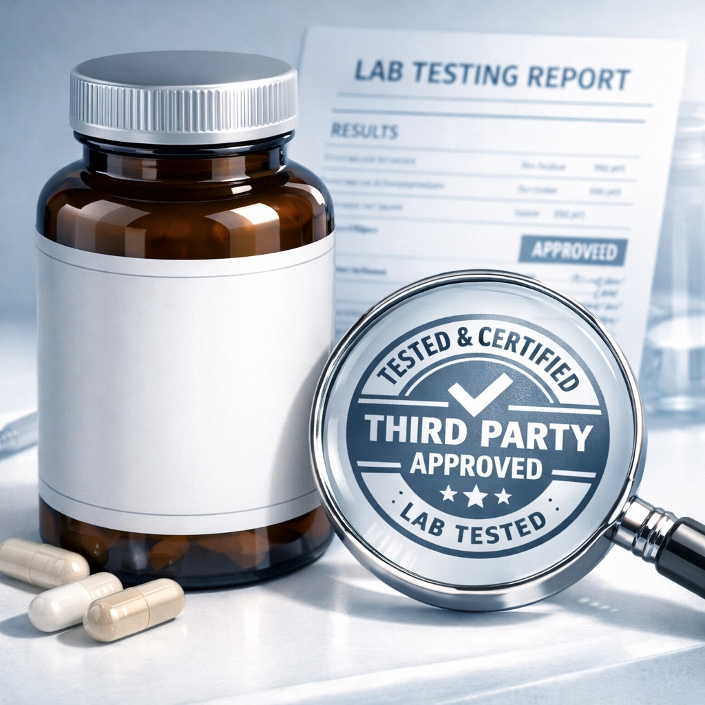Magnifying glass examining third-party certification seal on quality supplement bottle