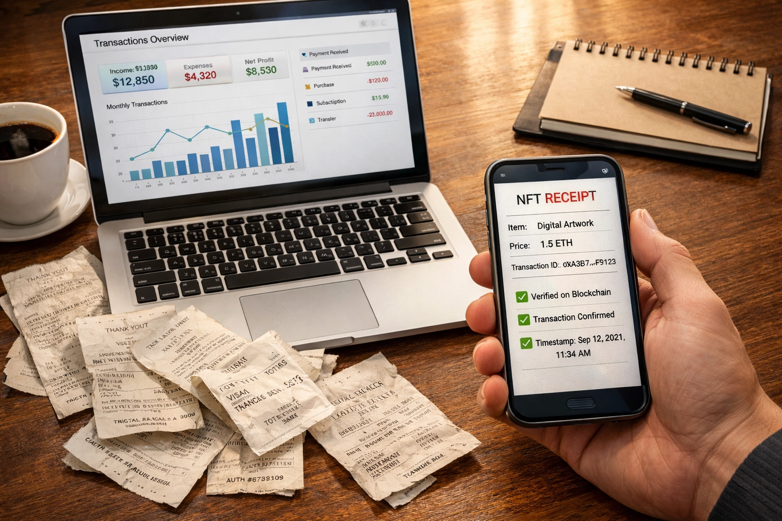 NFT receipt with blockchain verification on laptop compared to outdated paper receipts