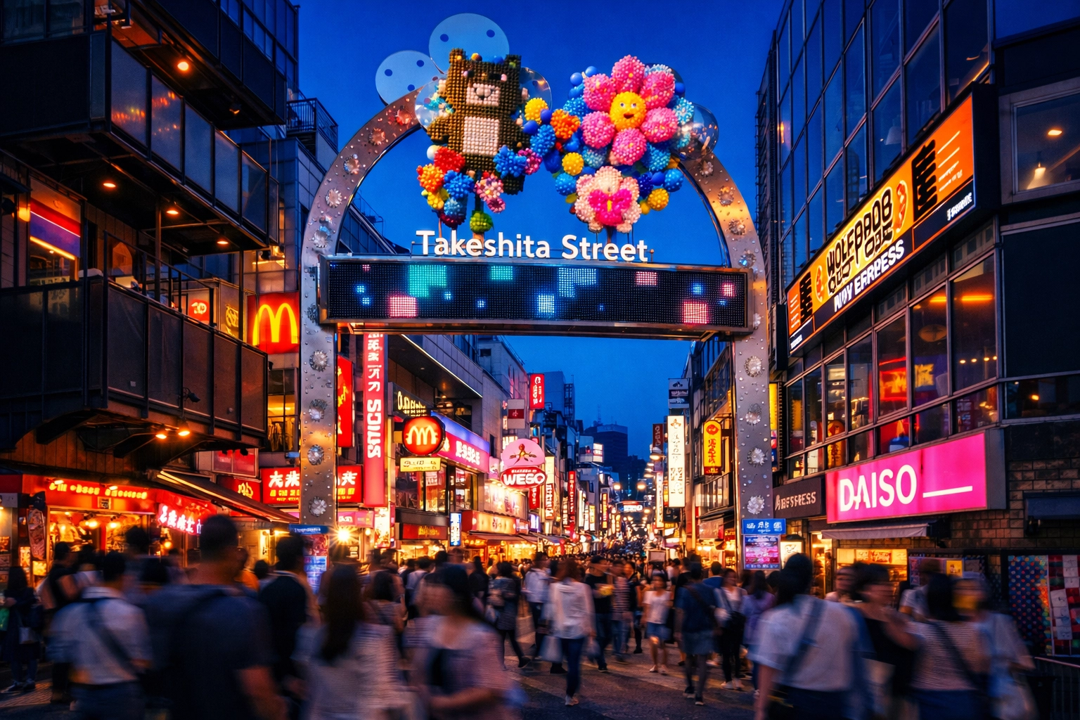 Vibrant neon signs and crowds at the entrance of Takeshita Street during twilight in Tokyo.