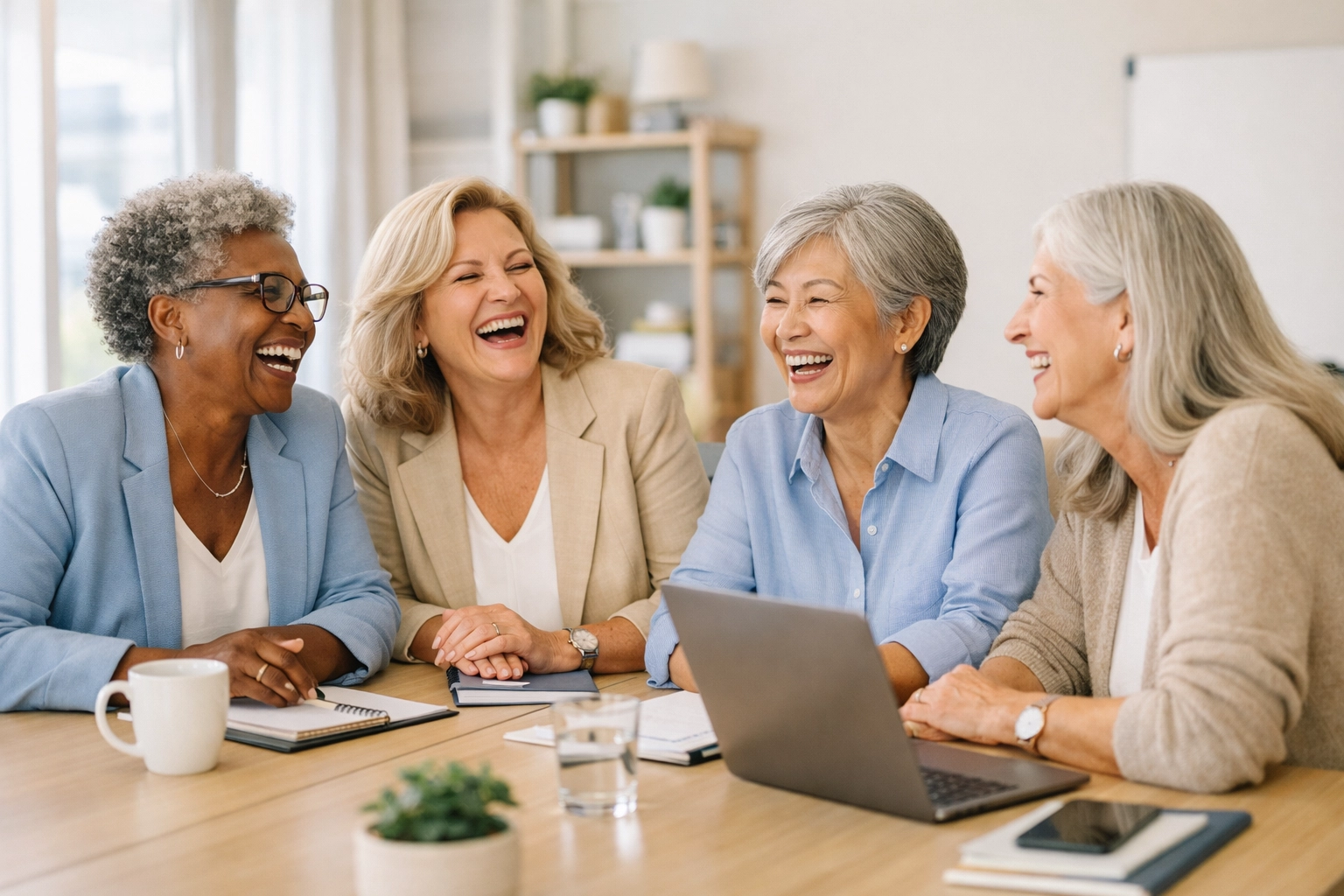 Empowered professional women laughing in an office, representing shared power and menopause support in the workplace.