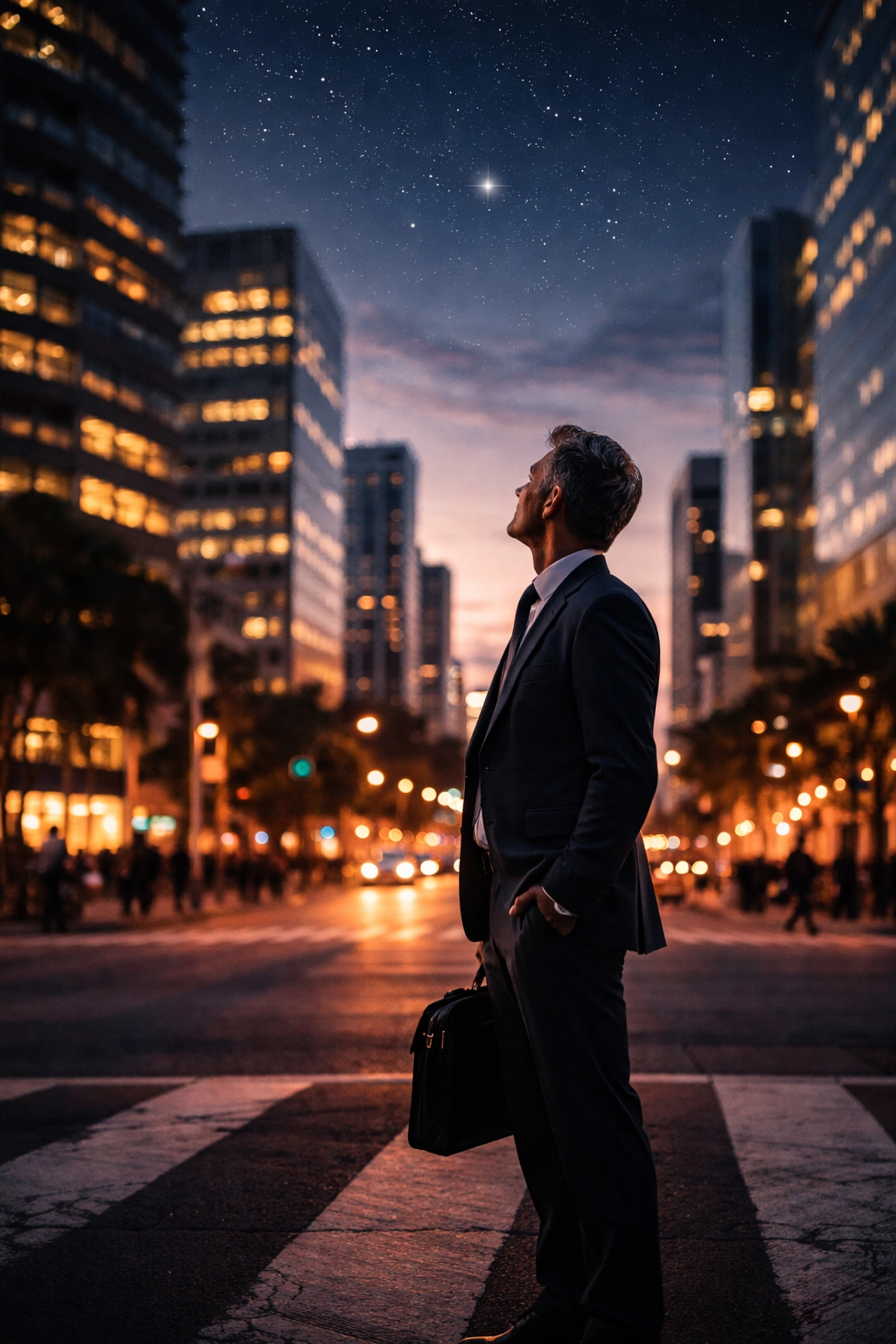 Businessman at a city crossroads at dusk, contemplating new direction after divorce