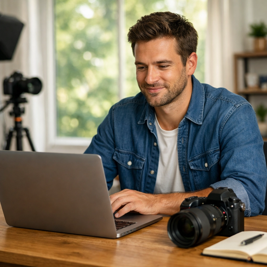 Professional freelance photographer in a modern home studio managing photography jobs on a laptop.