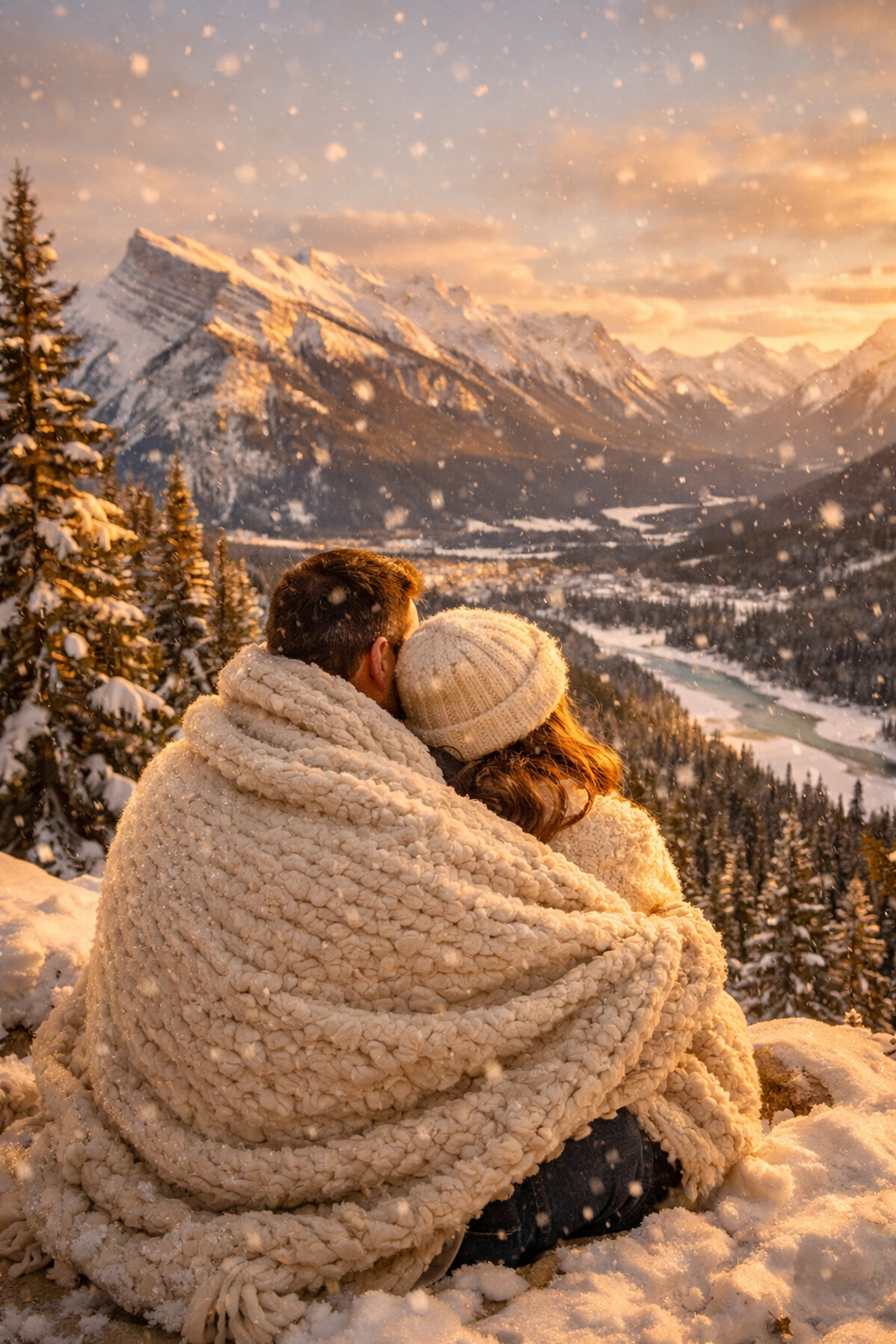 Newlyweds wrapped in a blanket overlook a snowy valley after their intimate winter banff wedding.