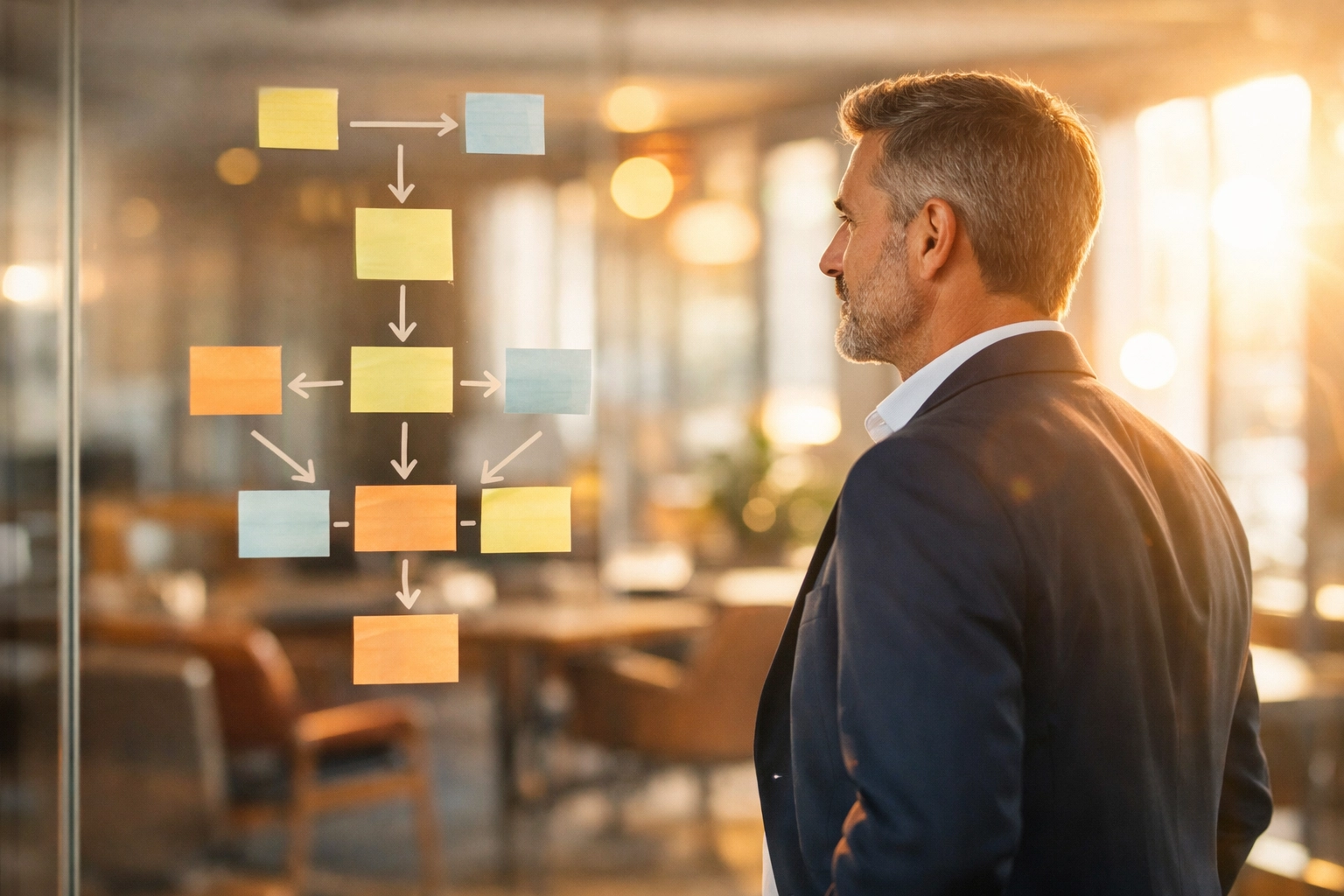 Líder analizando mapa de talentos y objetivos de equipo en oficina moderna.