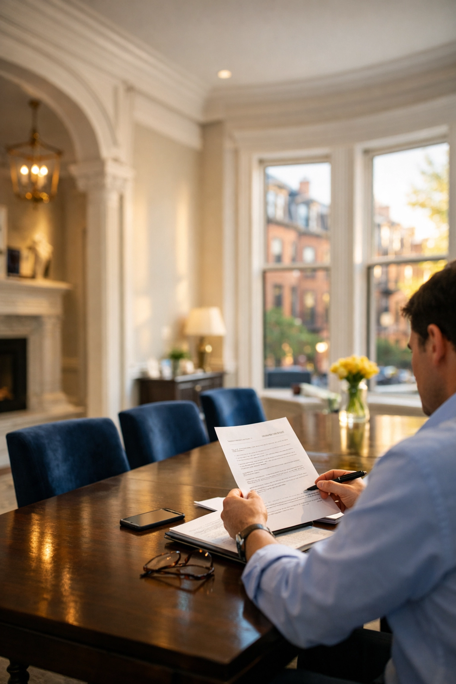 A tenant reviews lease terms for successful move-out apartment cleaning in Boston in a bright home.