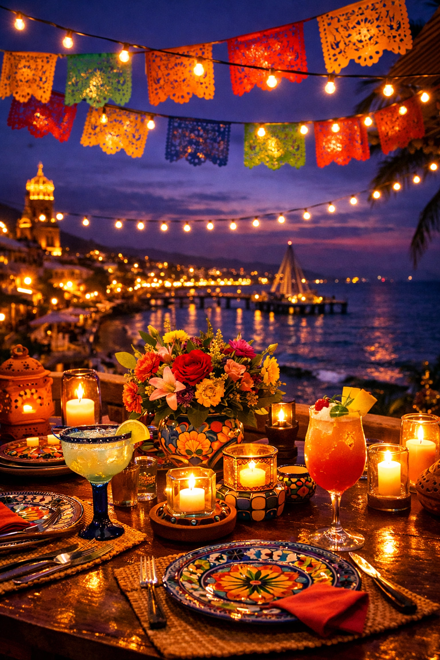 Romantic candlelit dinner on beachfront terrace in Puerto Vallarta Old Town at twilight