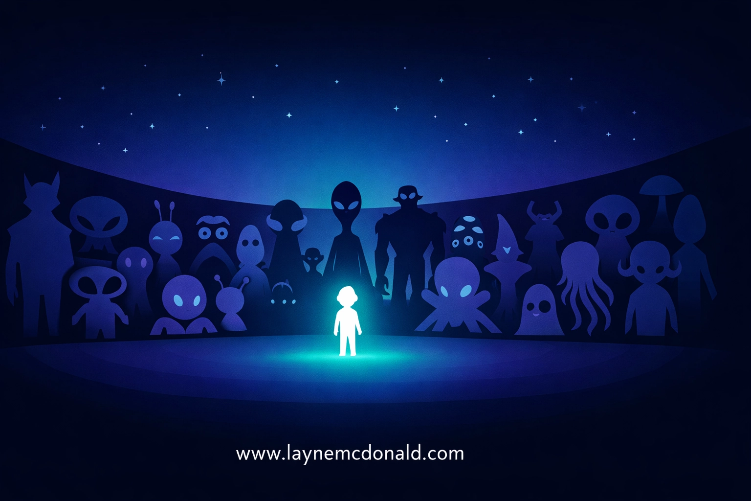 Minimalist illustration of a young boy facing a cosmic alien council, reflecting themes in Pixar's Elio.