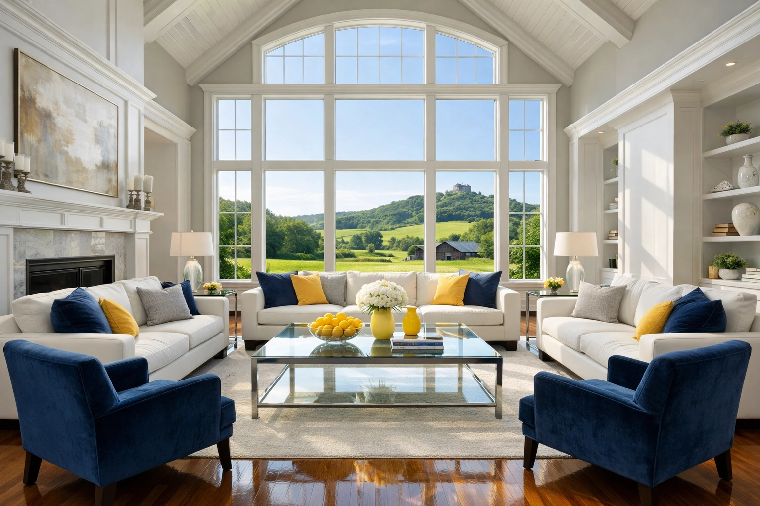 Immaculate living room in a Groton estate near Gibbet Hill after luxury house cleaning services.