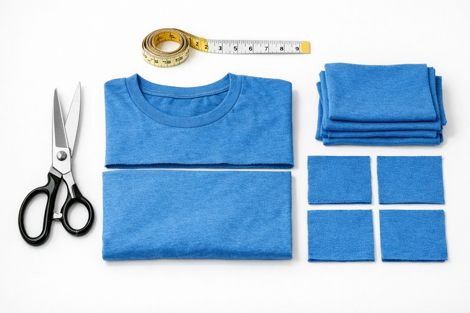 DIY station showing a cotton T-shirt being cut into square reusable cleaning rags.