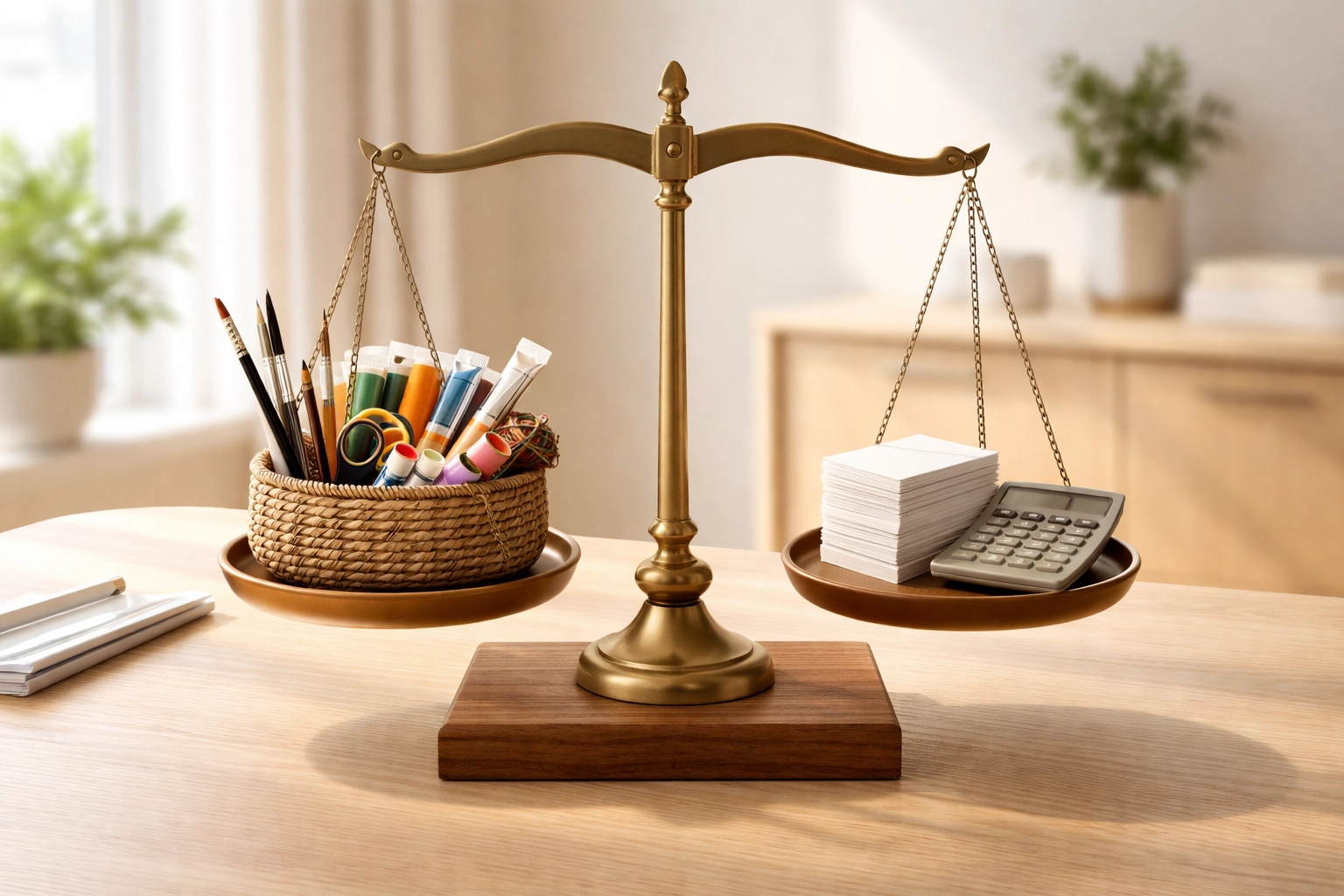Balance scale comparing hobby crafts and business items, illustrating IRS intent in hobby versus business tax decisions