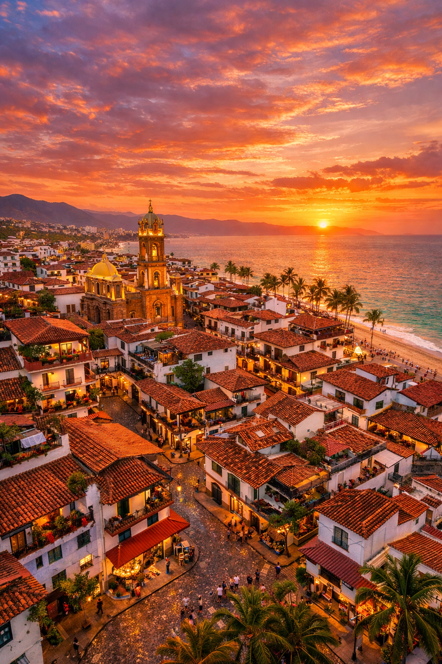Aerial view of Zona Romántica historic district in Puerto Vallarta at sunset