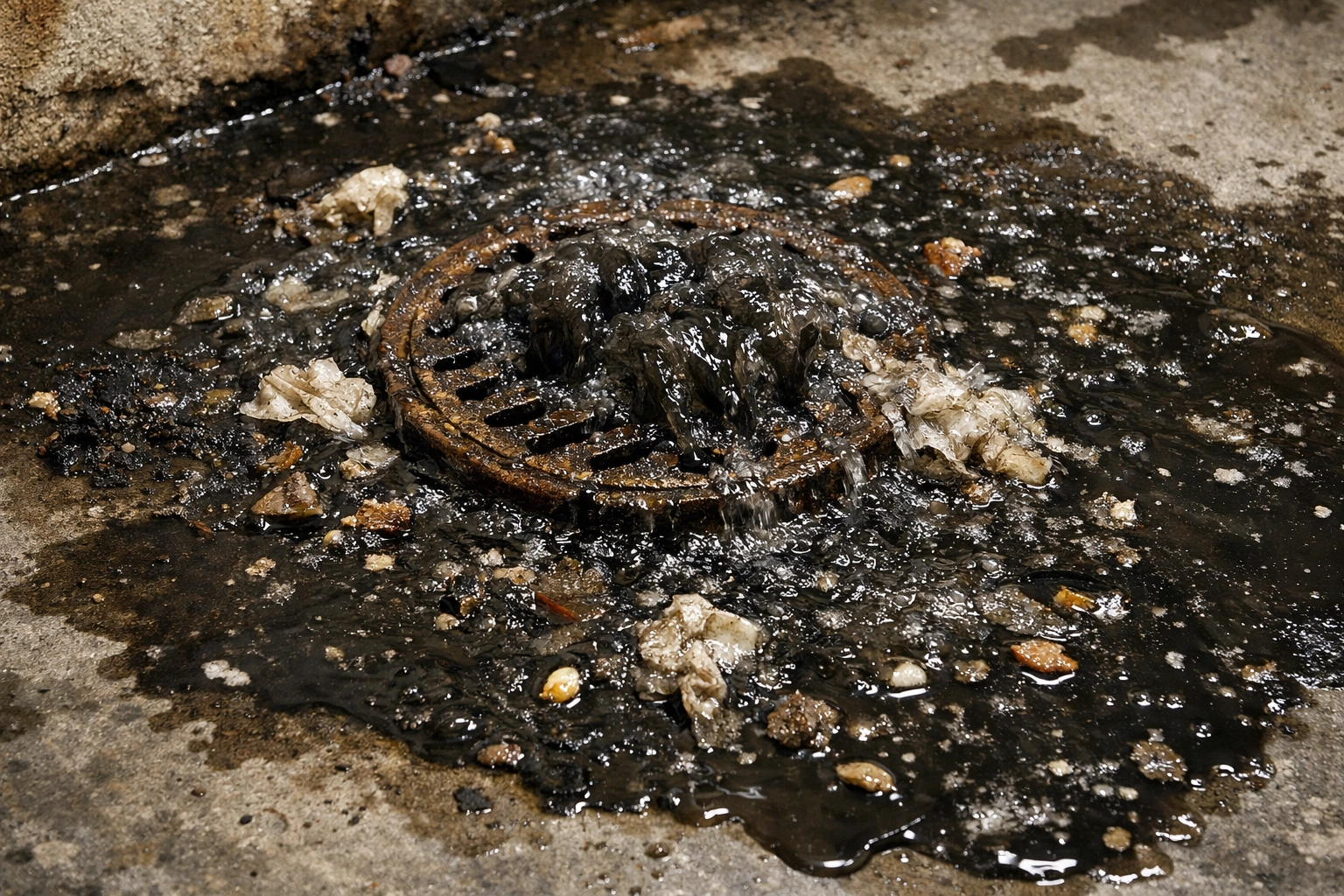 Contaminated water overflowing from a drain, a major sign of a sewer backup cleanup Tuscaloosa emergency.