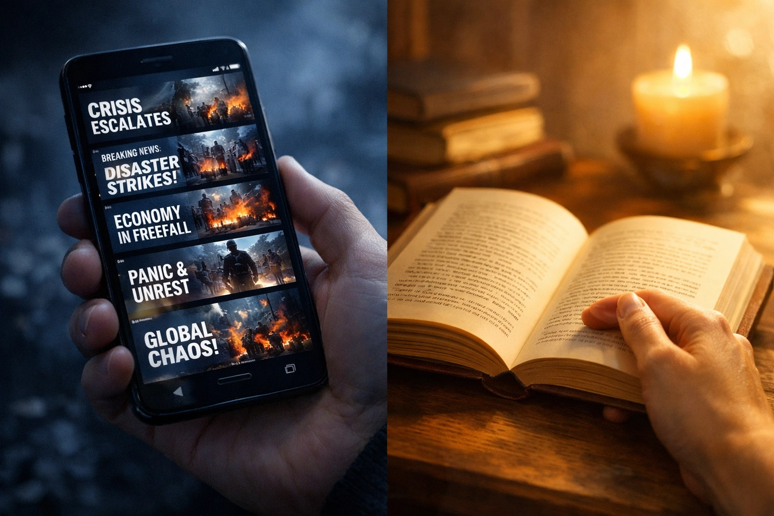 Comparison of phone displaying negative news feed versus reading a peaceful book