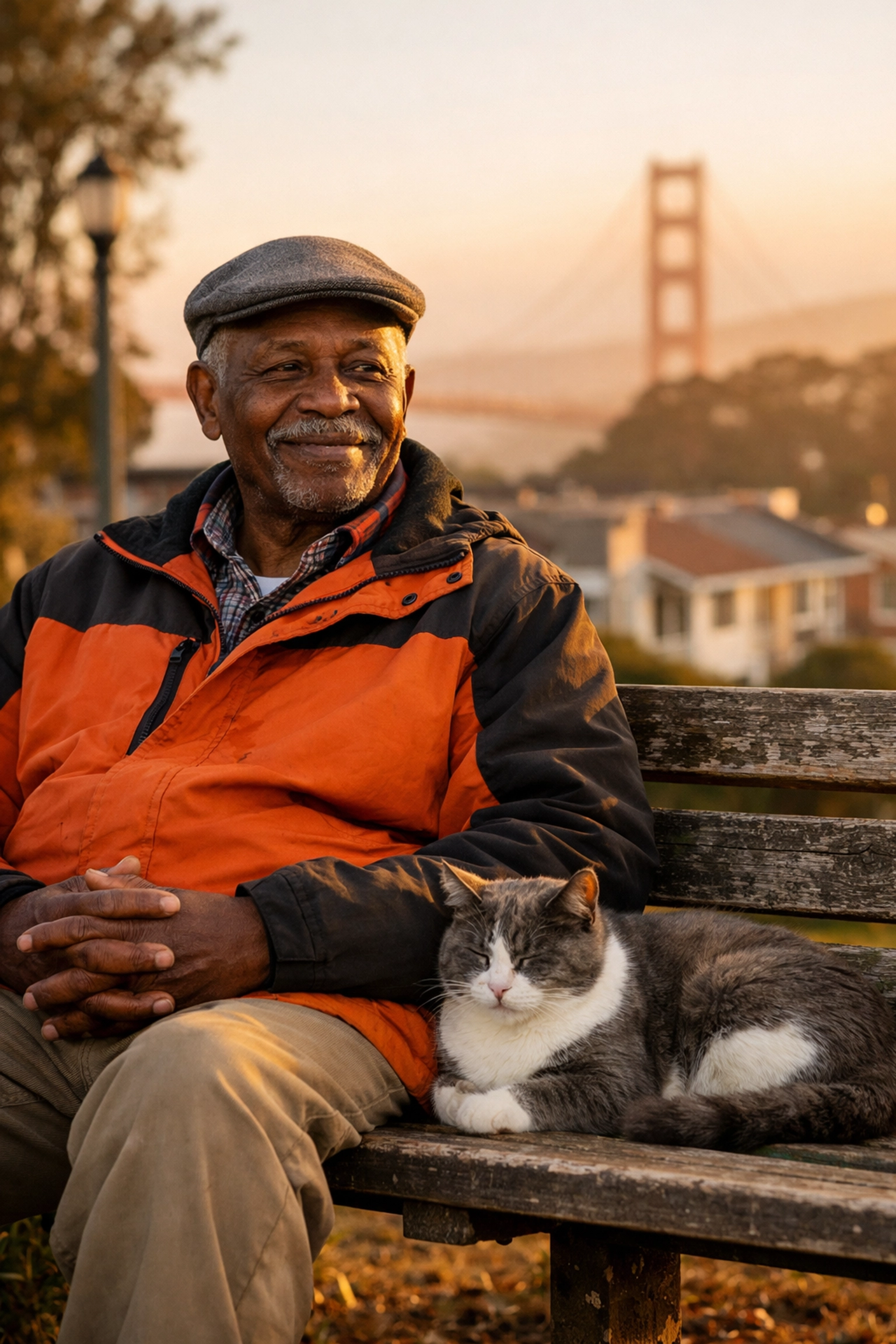 Senior man with cat companion on park bench in San Francisco Richmond District