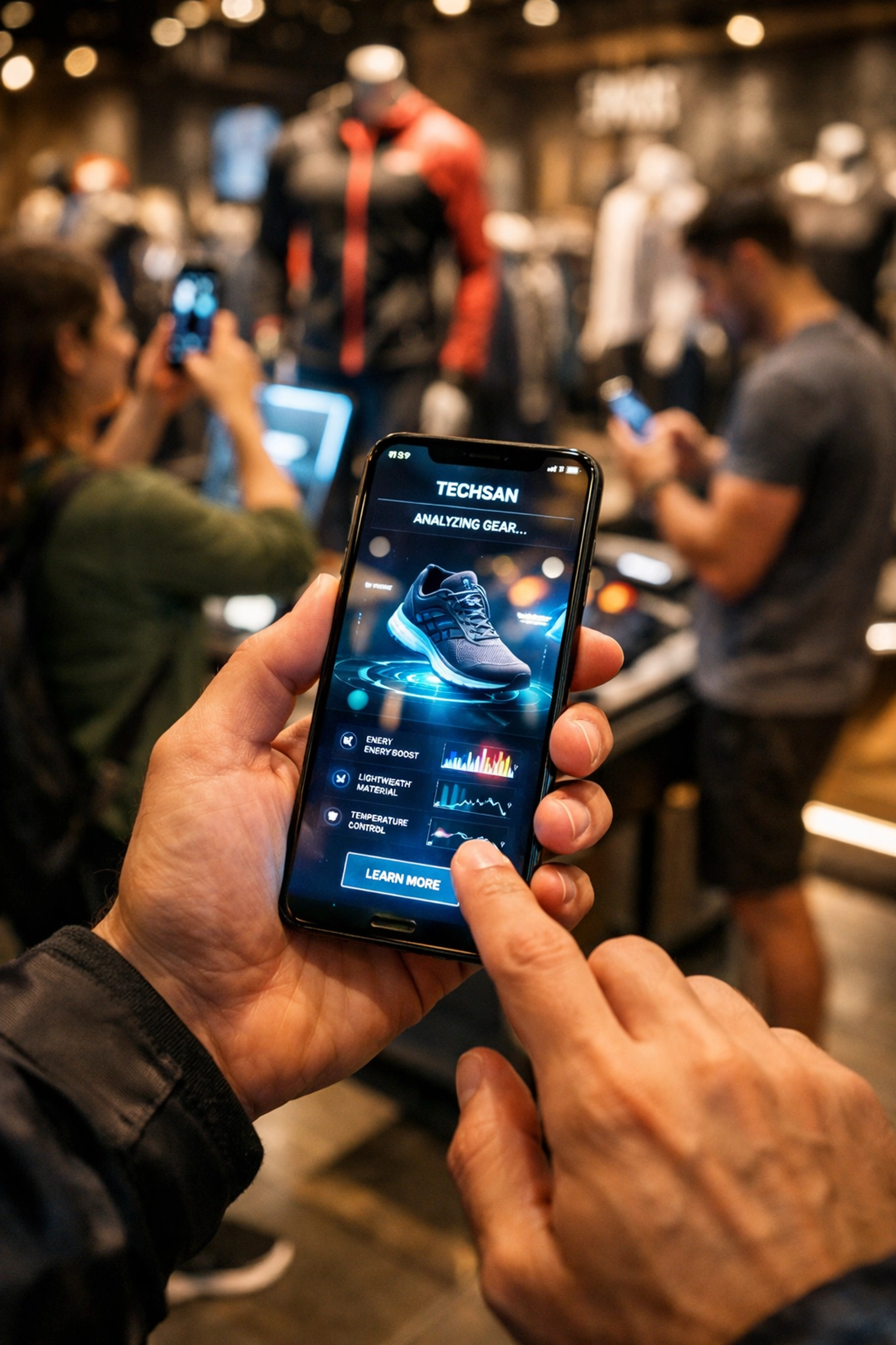 A consumer using a smartphone to interact with sports products in a retail store following the Super Bowl.