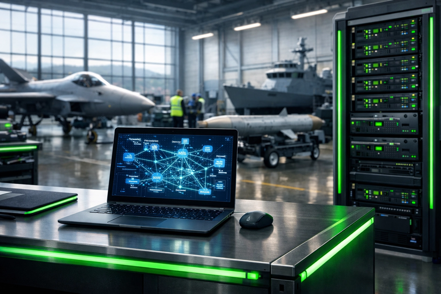 Modern workstation in a Ventura aerospace workshop showing a secure network map for CMMC compliance.
