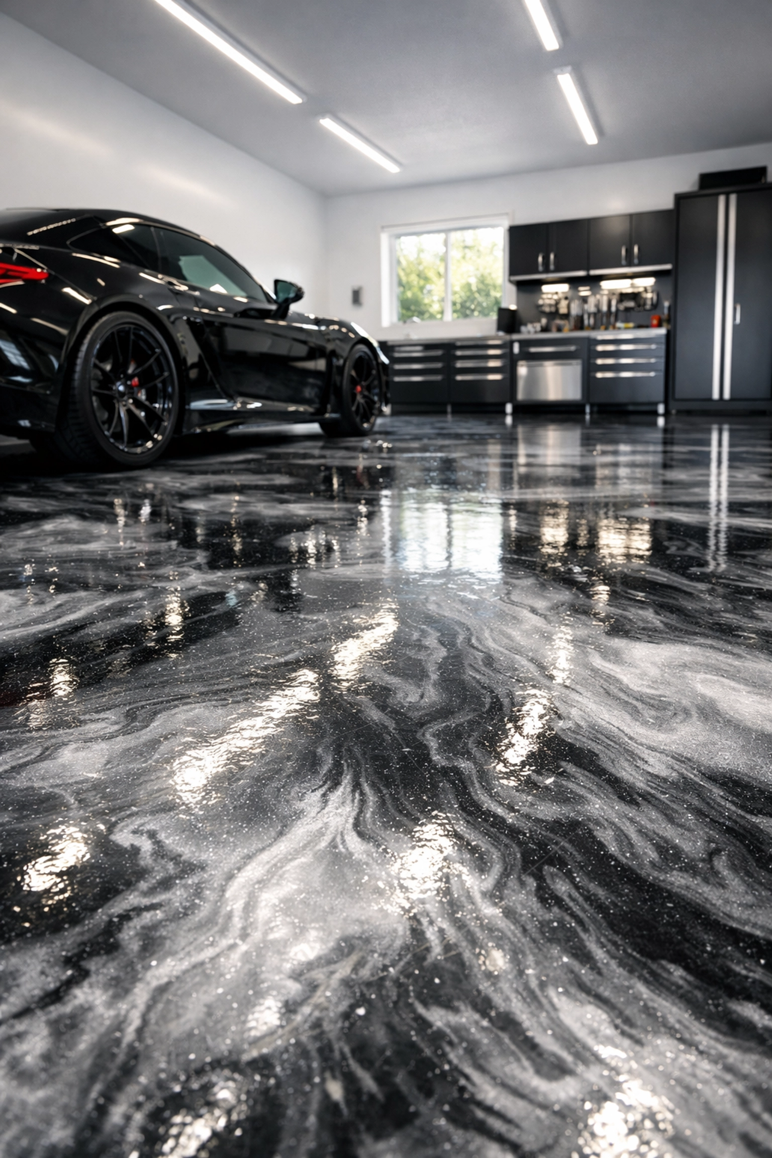 Luxury Madison MS garage with silver metallic epoxy floor and sports car