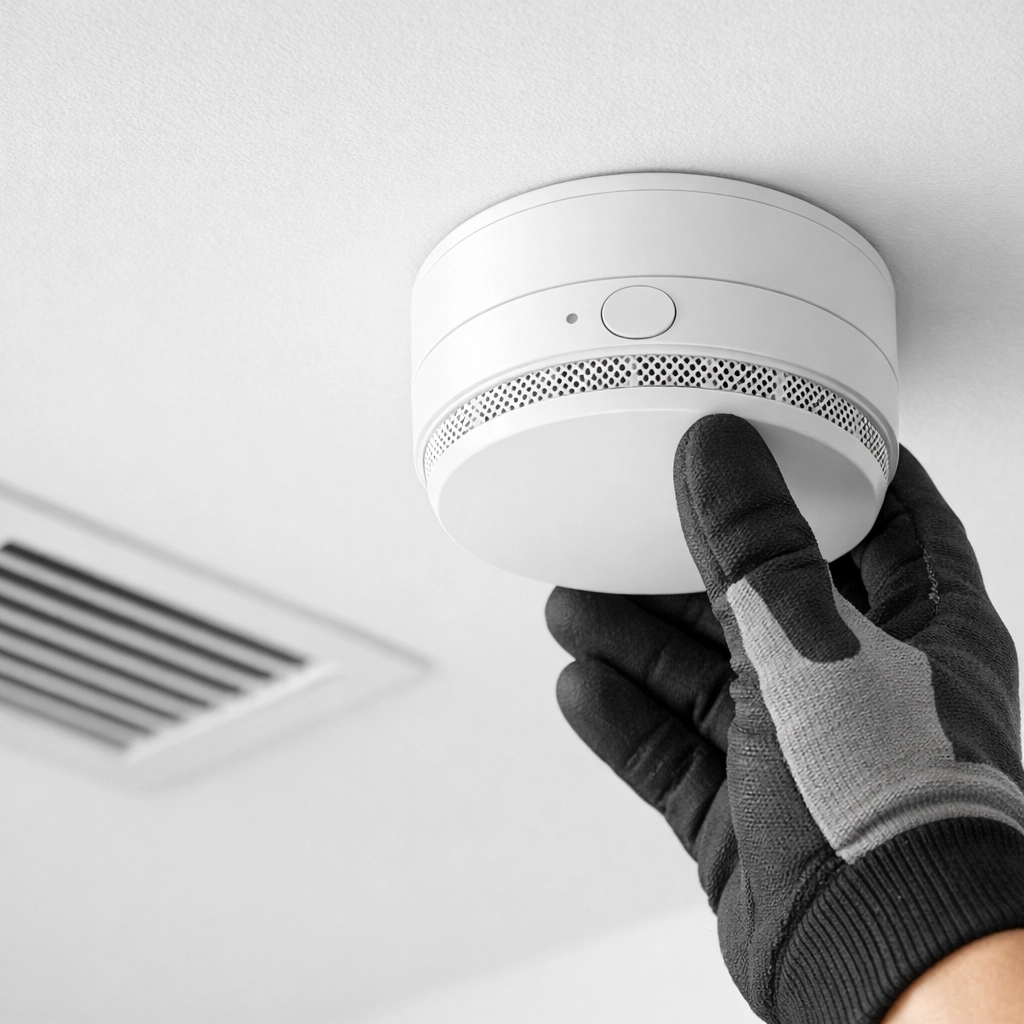Testing smoke detector during apartment make ready safety inspection before tenant move-in