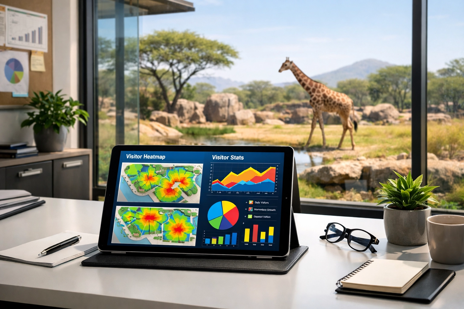 A zoo management data analytics dashboard on a tablet overlooking a giraffe habitat.