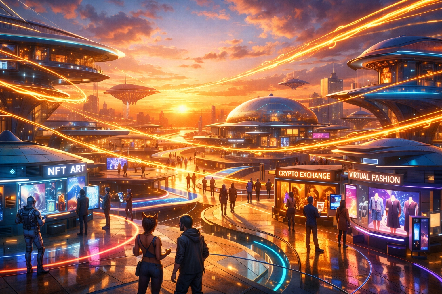 Vibrant metaverse marketplace showcasing high-speed digital commerce and blockchain transactions.