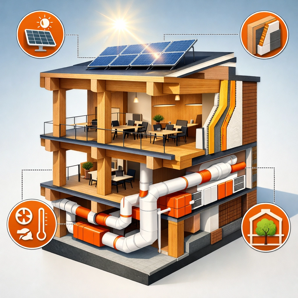 Sustainable building cross-section showing solar panels, mass timber beams, and energy-efficient insulation