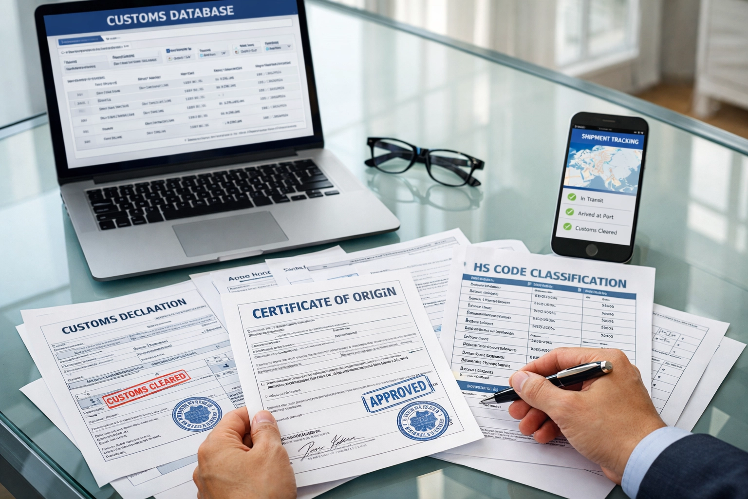 Logistics specialist reviewing customs clearance forms and shipping documents for Nigeria-UK trade