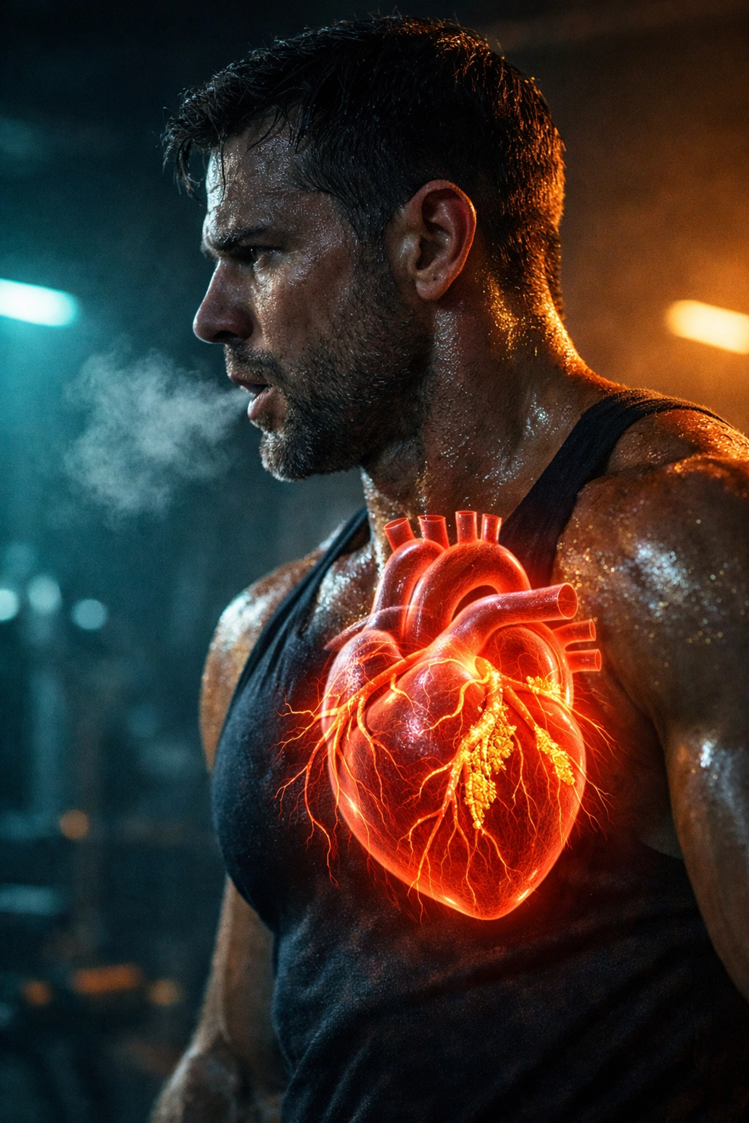 Fit individual with heart overlay showing hidden arterial plaque and silent heart attack risk.