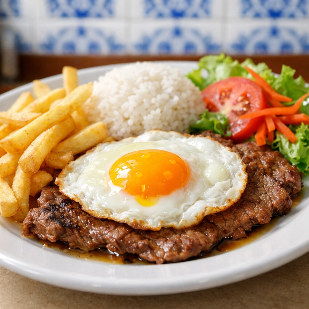 Traditional Bitoque steak with a fried egg and fries, a popular budget travel food option in Lisbon.