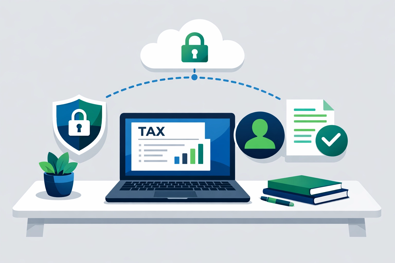 Digital icons representing a secure tax update and virtual tax preparation services for 2026.
