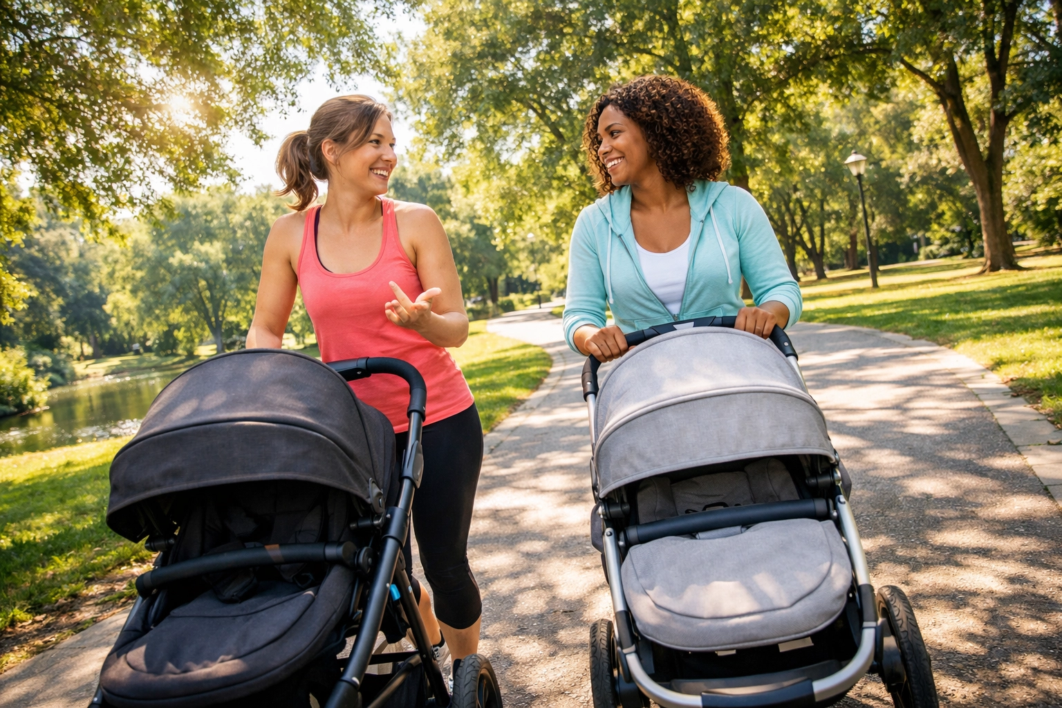 Mothers walking with strollers in a park, enjoying family-friendly social connection for holistic wellness.
