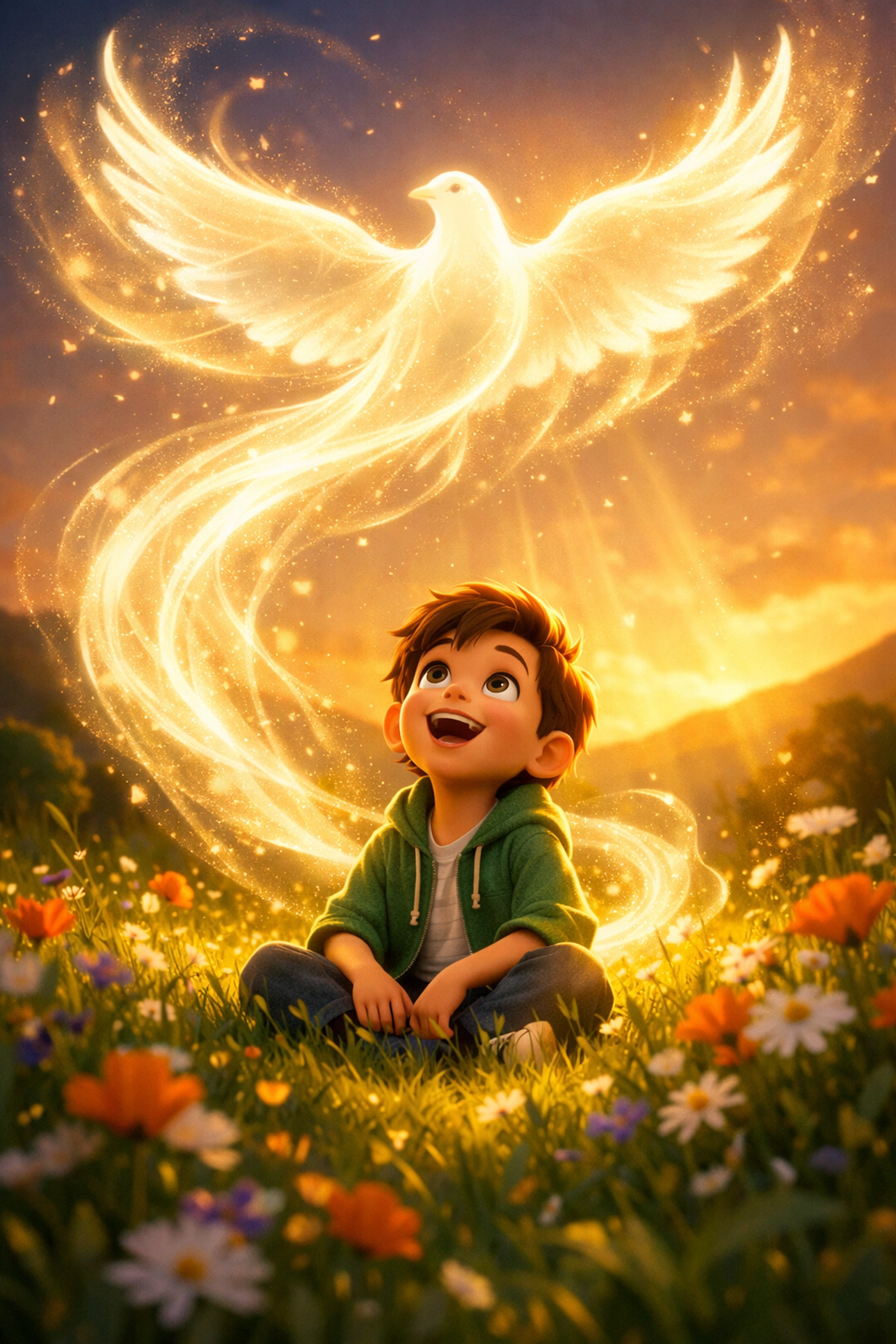 Christian cartoon character in a meadow feeling the joy of the Holy Spirit depicted as a glowing light dove.