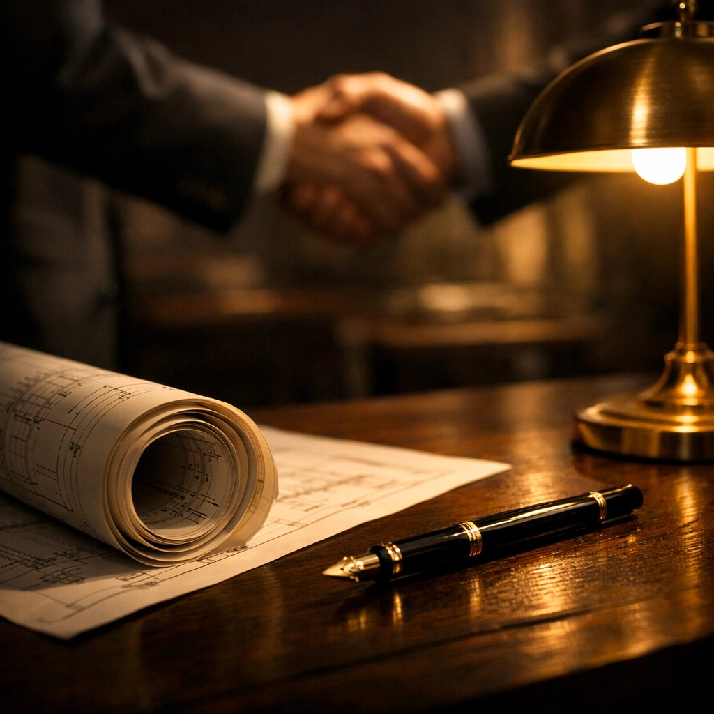 Architectural blueprints and a professional handshake symbolizing a transparent building contract and trust.