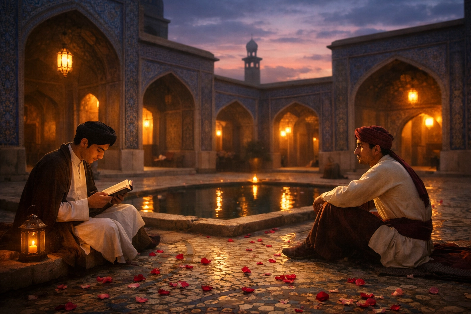 Two men in Persian courtyard at dusk reading poetry, depicting slow burn MM romance and Sufi longing