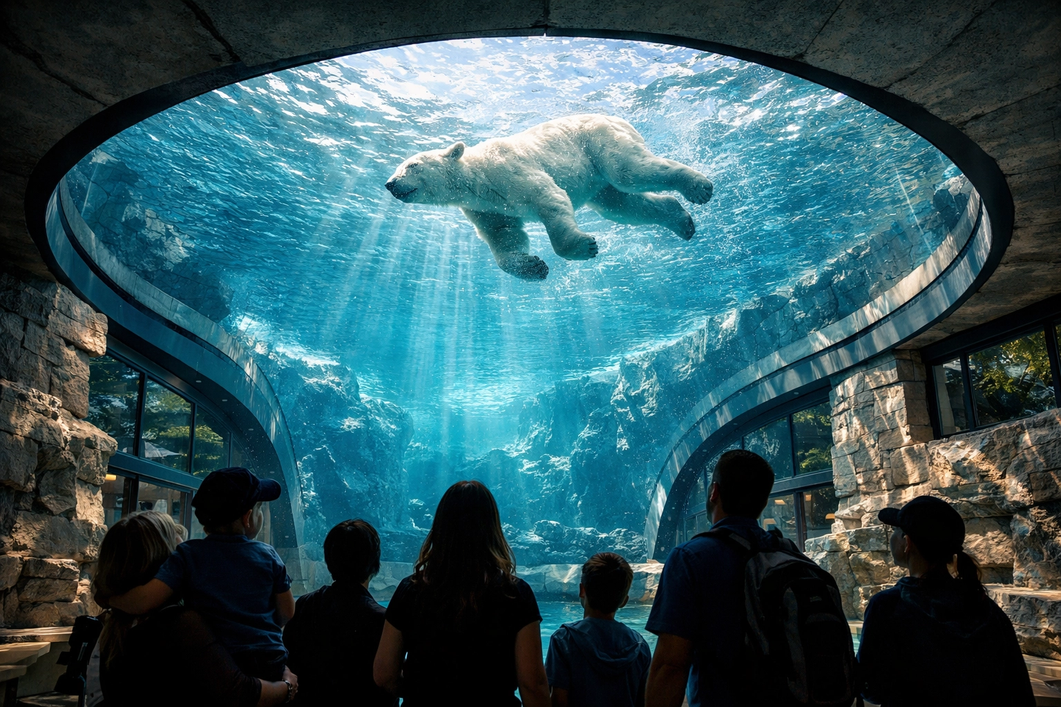 Visitors in a modern underwater tunnel watching a polar bear swim, demonstrating unique zoo exhibit design.