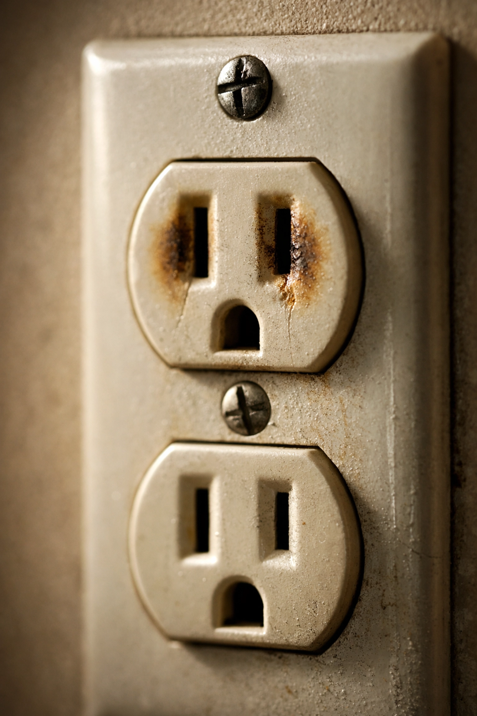 Discolored electrical outlet showing heat damage warning signs in older home