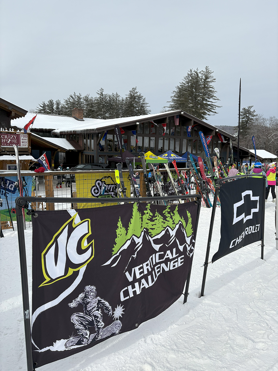 Vertical Challenge event banners at ski resort base lodge