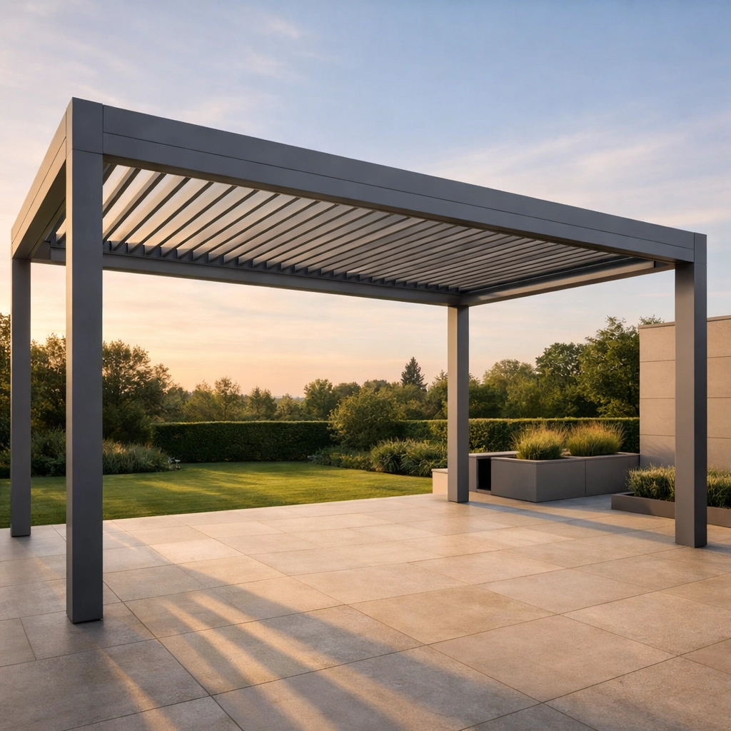 Freistehende moderne Pergola aus Aluminium auf einer minimalistischen Terrasse.