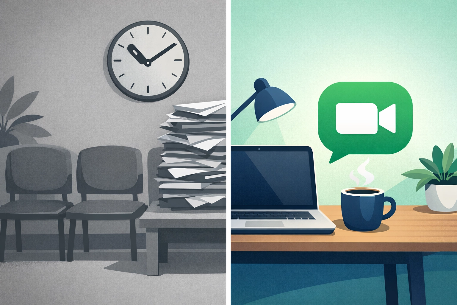 Modern virtual tax preparation workspace compared to a traditional cluttered tax office.