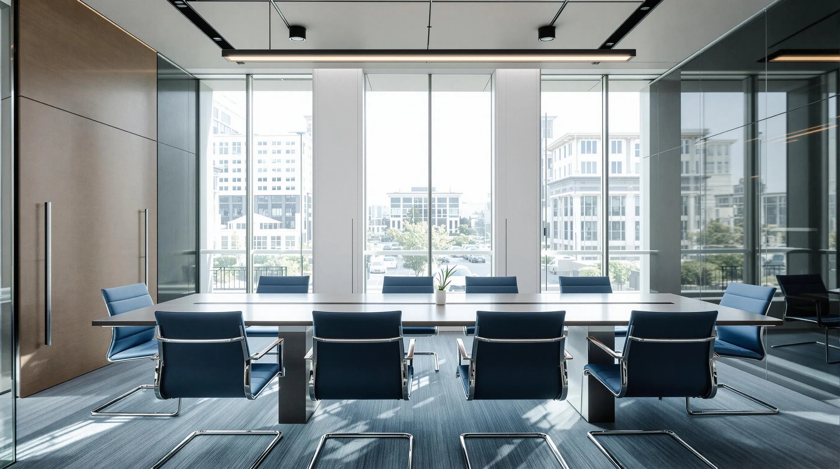 Modern, sunlit executive boardroom featuring a large table with eight contemporary blue chairs, glass walls, and a central potted plant, designed for high-level strategy sessions and leadership meetings.