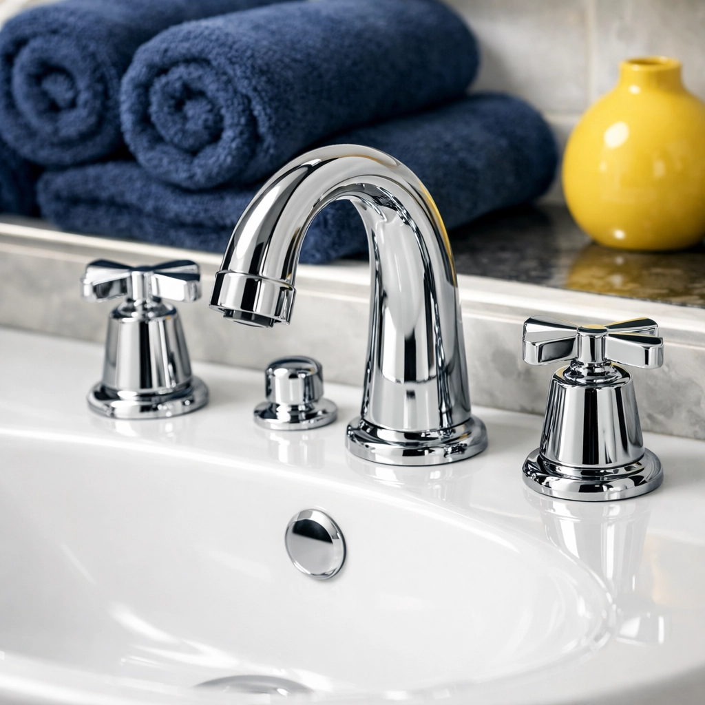 Sparkling clean bathroom vanity and chrome fixtures from bi-weekly house cleaning in Worcester.