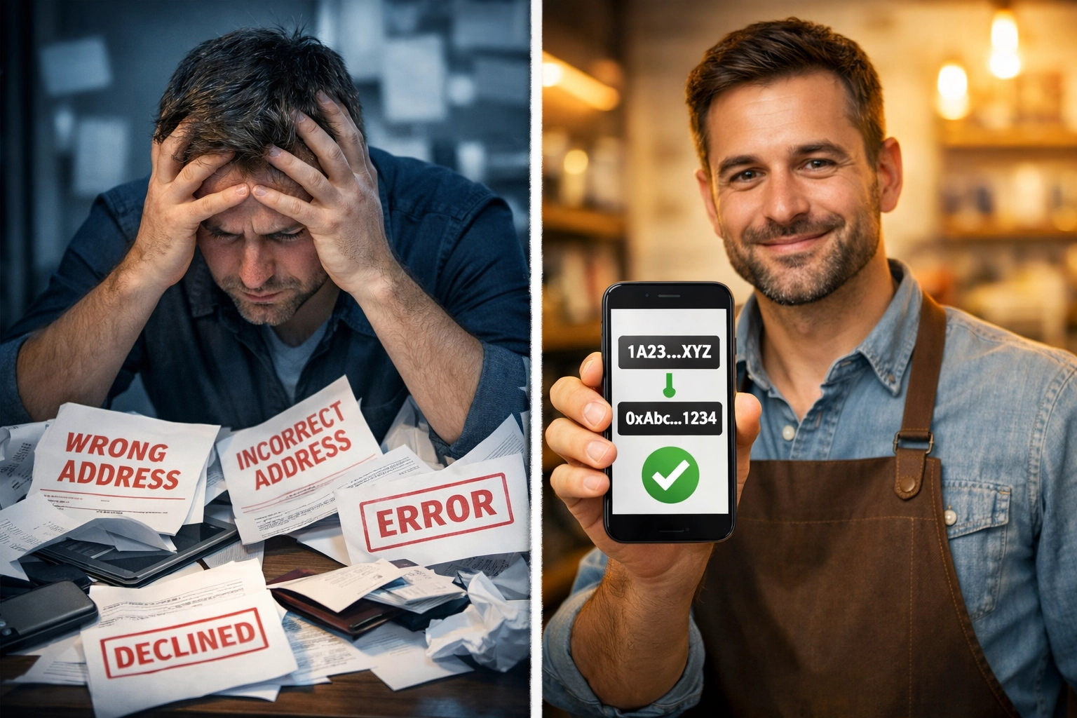 Merchant comparing traditional payment errors versus streamlined crypto wallet transfers