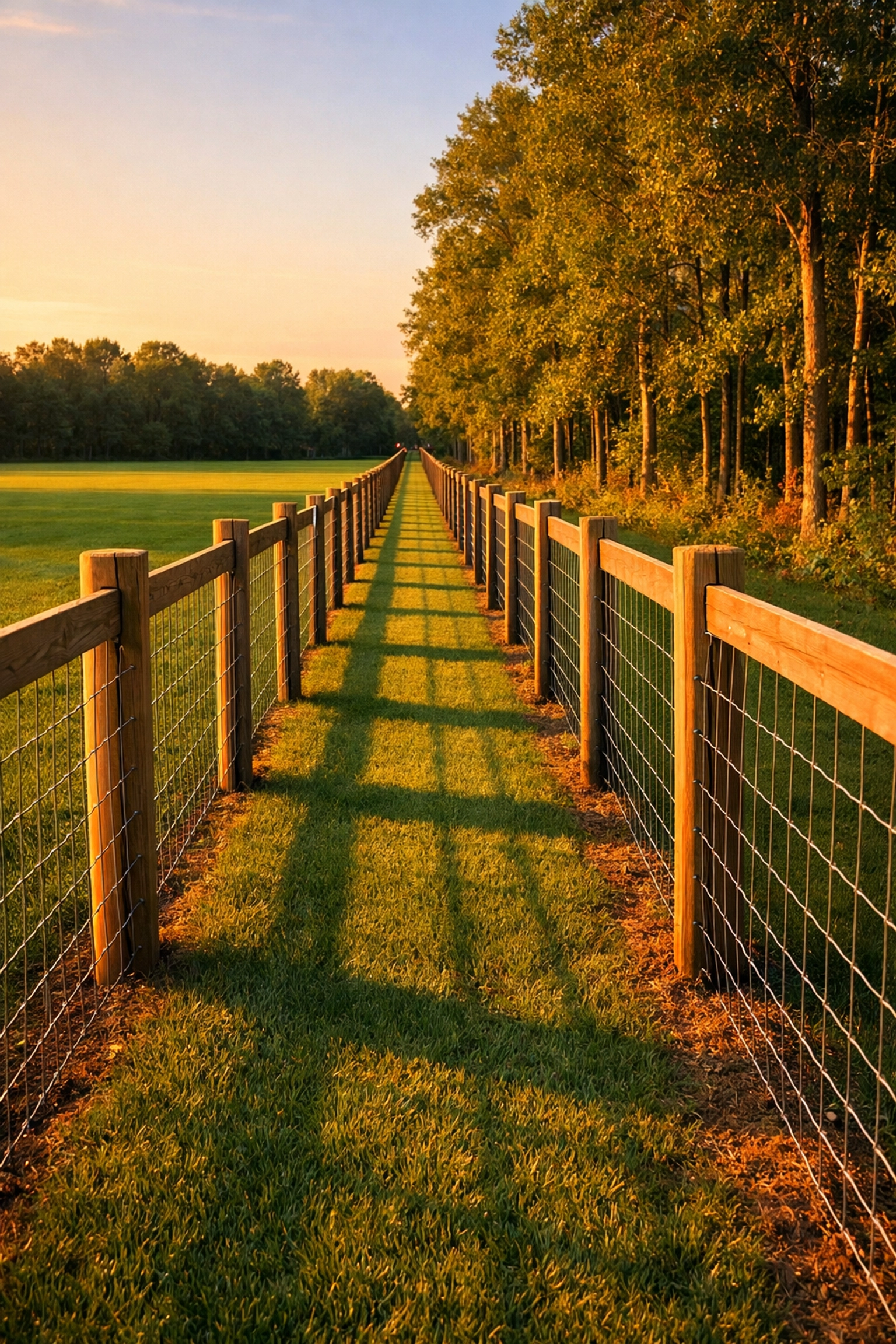 Clean fencerow clearing in Clarkston MI providing defined property lines between a manicured lawn and woods.