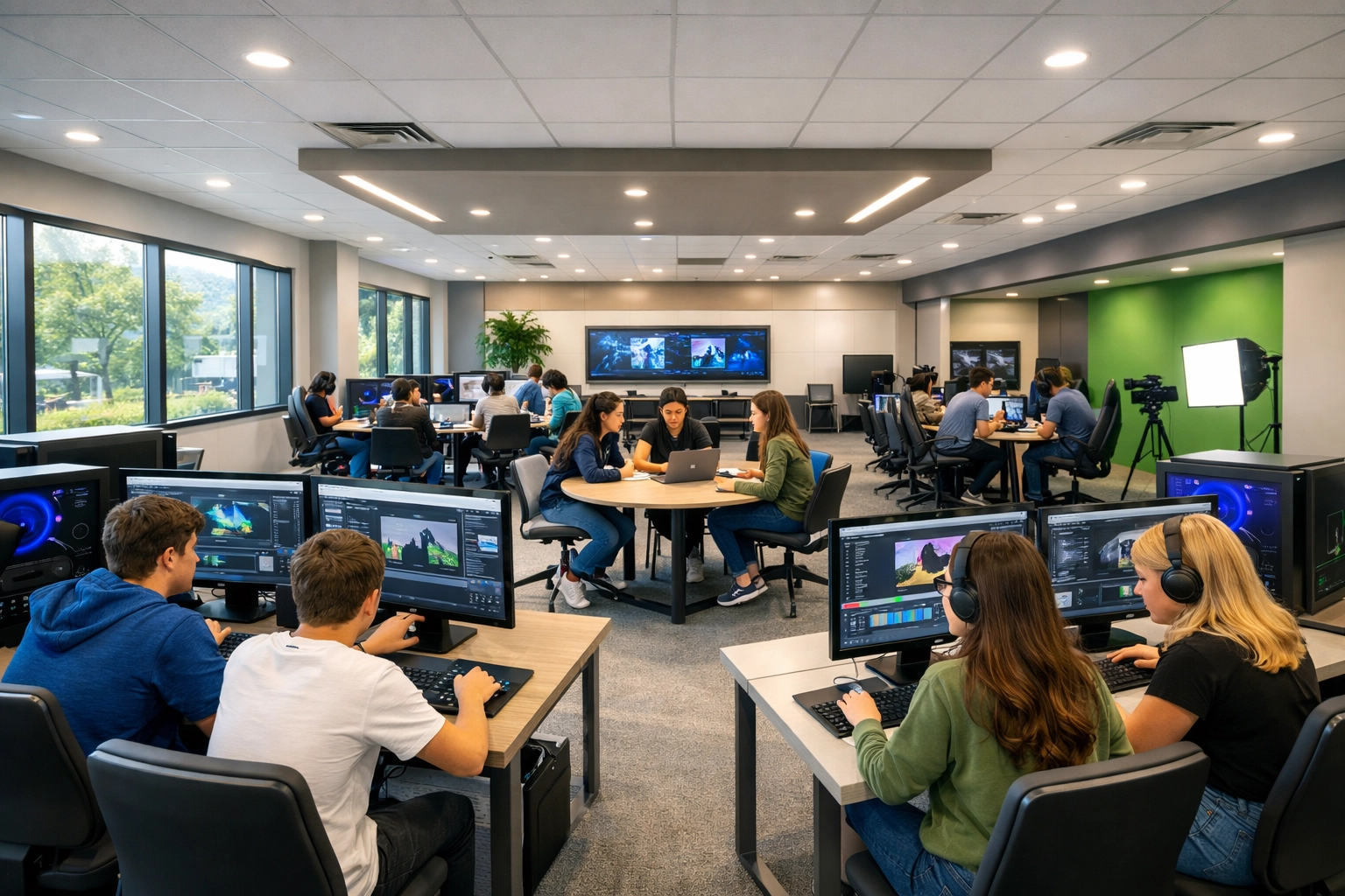 Students collaborating in a high school innovation lab with esports pods for digital media education.