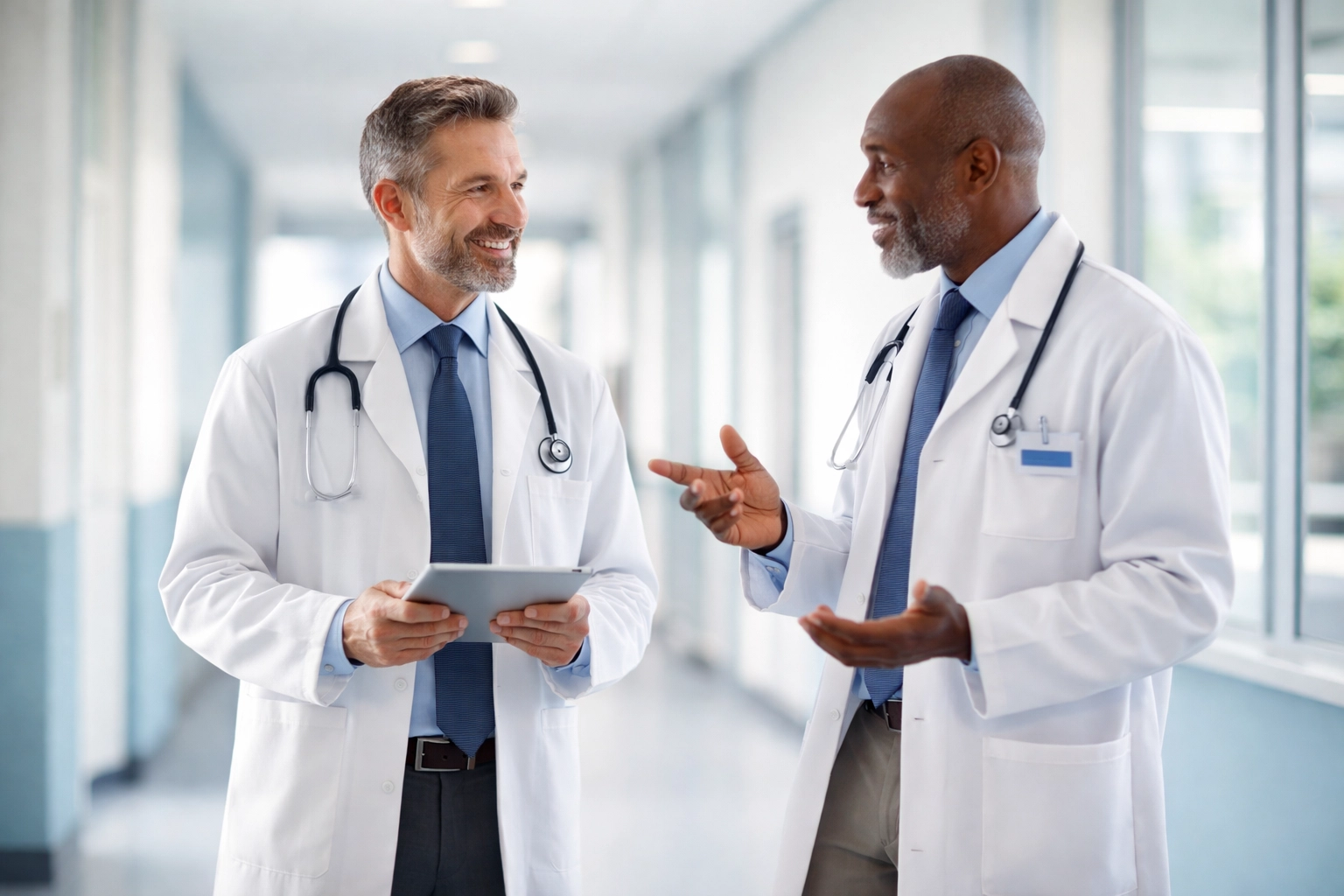 Deux médecins discutent dans un couloir d’hôpital lumineux, symbolisant l’échange et la collaboration entre confrères au CPDM.