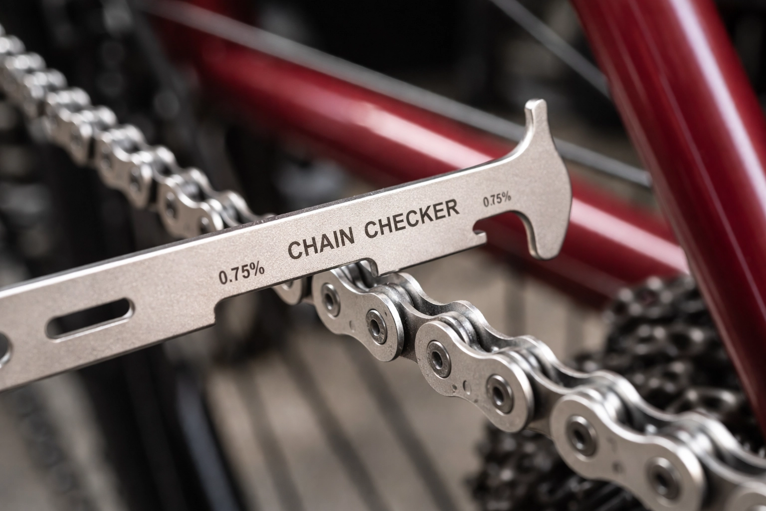 Macro shot of a chain checker tool measuring bike chain wear, emphasizing essential chain maintenance for racing.