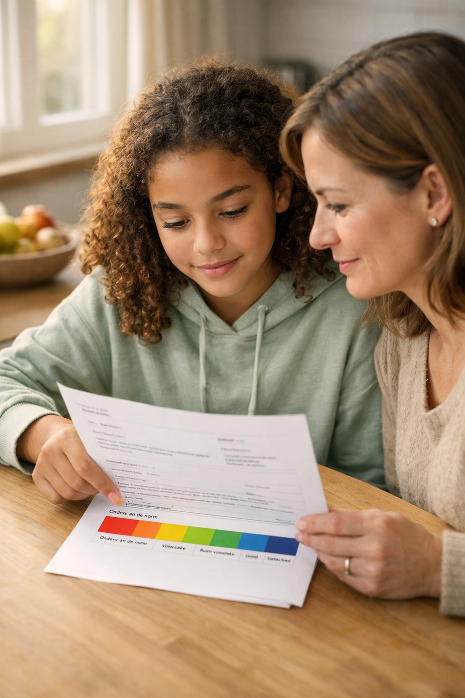 Ouder en kind bekijken samen de adviesbalk van de IEP Doorstroomtoets uitslag aan de keukentafel